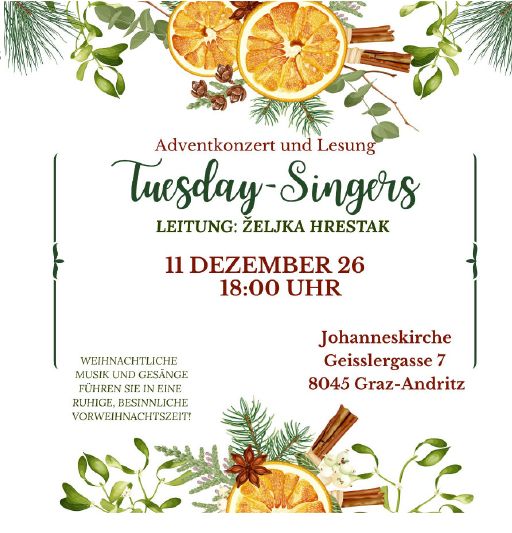 Plakat: Adventkonzert der Tuesday-Singers am 11.12.2026 in der Johanneskirche